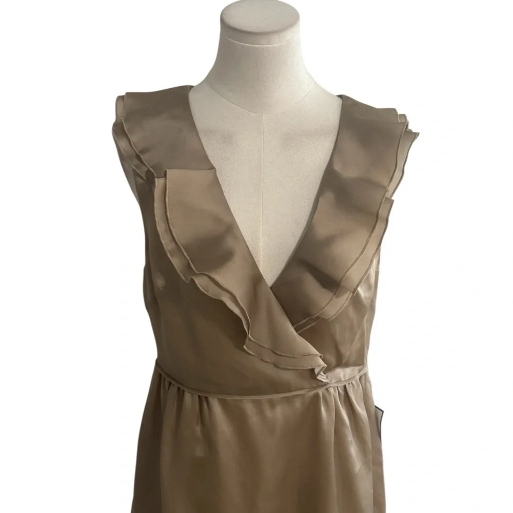 J. Crew Gold Sheath Mini Dress Plunge Neckline Ruffles Size 8 Silk Party Wedding